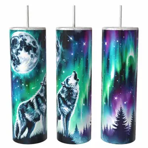 Northern Lights Wolf 20oz Skinny Tumbler Vacuum Insulated with Lid and Straw for Hot Coffee Cold Drinks and Wine Handmade Sublimation Design