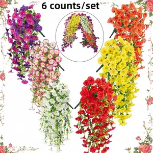 6 Pack UV Resistant Decorative Artificial Hanging Flowers, Faux Flowers, Textile Sunlight & Eucalyptus Leaves, Indoor Outdoor Decor, No Maintenance, All Seasons