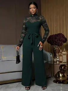 Women's Black Lace Jumpsuit - Fitted Overall Style, Long Sleeve, Breathable Knit Fabric, Spring & Everyday Wear, Elegant Chic Design, Medium Thickness, 100% Polyester Customized jumpsuits for women