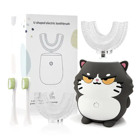 Children's U-Shape Automatic Sonic Electric Toothbrush - Cartoon Cat Design, Cordless for Teeth, Battery Powered, IPX7 Waterproof, At-Home Dental Teeth Cleaning Tool, Set with 4 Heads for Toddlers
