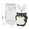 Children's U-Shape Automatic Sonic Electric Toothbrush - Cartoon Cat Design, Cordless for Teeth, Battery Powered, IPX7 Waterproof, At-Home Dental Teeth Cleaning Tool, Set with 4 Heads for Toddlers