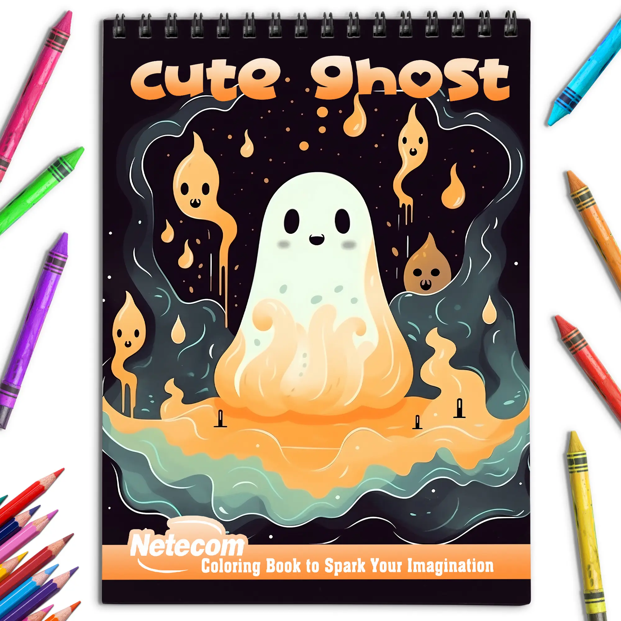 Netecom - Cute Ghost Spiral Bound Coloring Book - Embark on a Coloring Journey with 30 Pages, Featuring Cute Ghosts in Playful and Magical Settings
