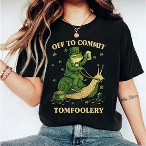 Off To Commit Tomfoolery Shirt, Funny St Patrick’S Day Frog Riding Snail T Shirt, Irish Beer Shamrock Graphic Tee, Leprechaun Humor Party Top, Unisex Holiday Gift, Unisex Sweater Pullover Tee