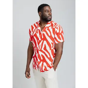 Malik Men's African Print Button-Up Shirt (Deep Orange Zebra Abstract)