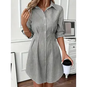 Women’s casual striped roll-up-sleeve button-front shirt dress, slim woven fabric, fashionable for spring and autumn, comfortable and unique for leisure.