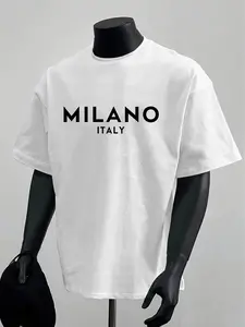 Men's Loose Fit Milano Italy Printed T-Shirt, Casual Short Sleeve Streetwear Top, Minimalist Italian Style Men's T-Shirt