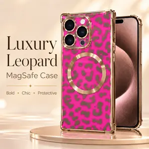 Pink Leopard MagSafe Smartphone Case, Gold-Edge Shockproof Cover for iPhone 13/14/15/16/17 Pro Max - Cellphone Handheld Devices Accessories
