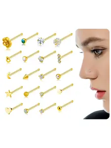 20G 20Pcs Nose Ring CZ Nose Stud Retainer Straight Bar Nose Piercing Jewelry Set for Women Men Stainless Steel Rose Gold Silver Black Gold Tone