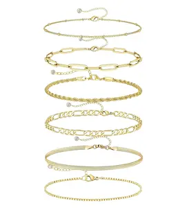 Falandra Dainty Gold Plated Bracelet Set, 18K Layered Collection of Satellite, Paperclip, Figaro, Box Chain, Herringbone, and Rope bracelet