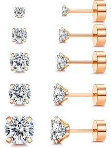 Dazzling 5 Pairs Rose Golden Ear Studs Stainless Steel Titanium Stud Earrings for Women Men Trendy Stud Earrings Set for Sensitive Ears Shining Cubic Zirconia Earrings Studs 20G Flat Back Earrings Cartilage Stud Earrings Set
