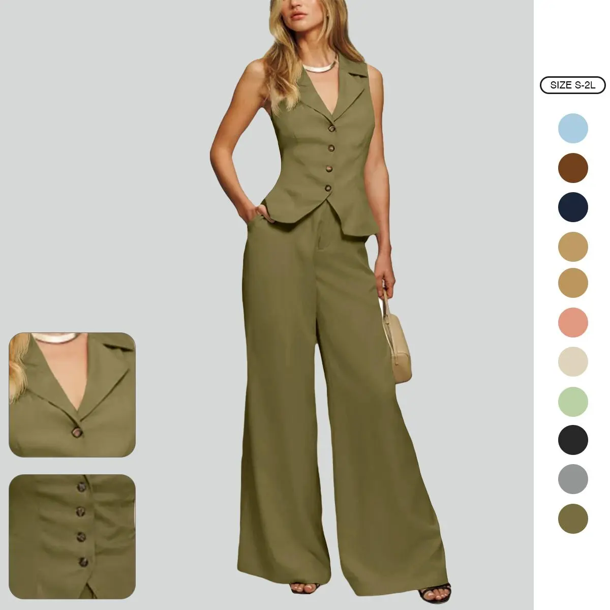 Imily Bela Women's Vest Set, Elegant Light Fabric 2-Piece Summer Clothes with V-Neck Crop Blazer Vest and Wide Leg Pants, Matching, Lady, Chic, Dressy, Elegance, Suit, Casual, Style, Button-Front, Fit, Sleeveless, Fashion