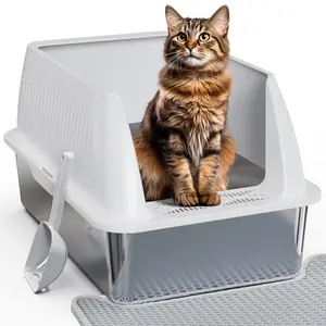 Petterm Stainless Steel Cat Litter Box with Scoop & Mat, Large Semi or Fully Enclosed Design, High-Side Enclosure, Non-Sticky, Anti-Leak, High-Walled