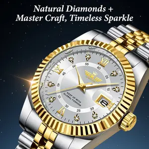 Luxury Gold & Two-Tone Quartz Watches, Diamond Accents, Date Display, Fluted Bezel, Stainless Steel Bracelet, Suitable for Both Men and Women, Ideal for Business & Gifting