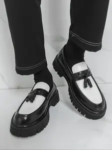 Men's Colorblock Fringe Thick Rubber Sole Business Loafers, Height Increasing Anti-Slip Gentleman Shoes for Spring & Fall