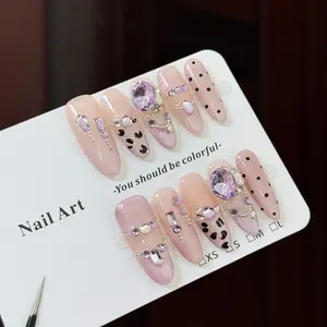 10pcs high-end Luxurious and elegant style, hand-painted leopard pattern, three-dimensional purple diamonds, dazzling sparkle diamonds handmade fake nails, Suitable for bridesmaids to wear, for use at wedding banquets, Valentine's Day events