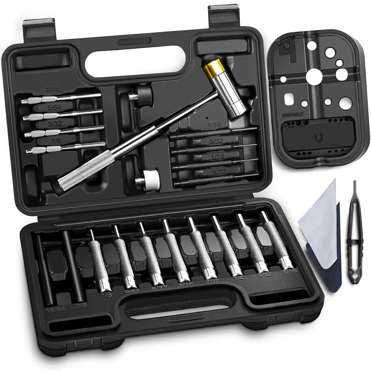 BESTNULE Full Set All-in-1 Punch Set with Bench Block, 1/8"-5/16" Inches Carbon Steel Pin Punches, 4 Detachable Hammer Heads, Chrome Vanadium Steel, Organizer Storage Box, 3D Test Included for Machinery & Craft Repair