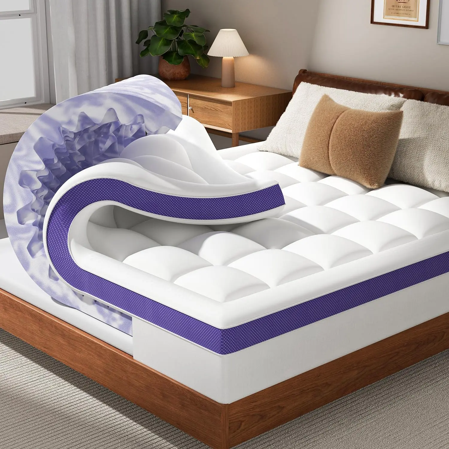Dual Layer 4 Inch Memory Foam Mattress Topper Queen - 2 Inch Gel Memory Foam and 2 Inch Pillow Top Mattress Pad, 7-Zone Egg Crate Queen Size Mattress Topper (White)