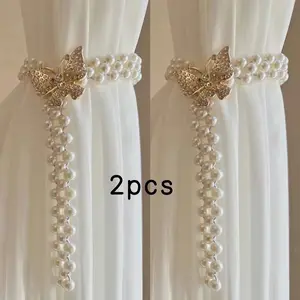 2pcs Elegant Stretchable Adjustable Curtains with Gold Butterfly Design and Faux Pearls, Home Decor, Living Room Bedroom, Interior Decoration Accessories
