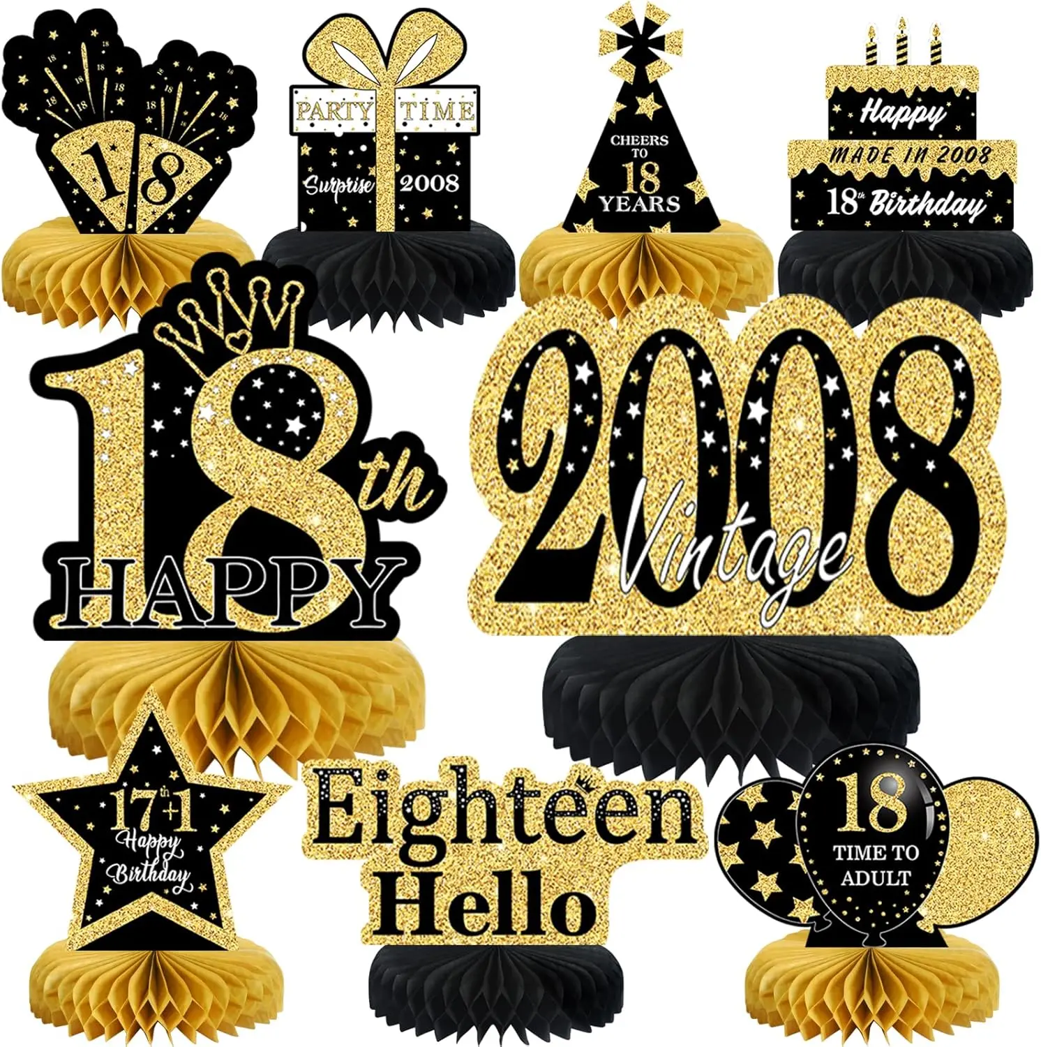 9Pcs Black Gold 18th Birthday Decorations Honeycomb Centerpieces for Boys Girls,Happy 18th Birthday Centerpieces Tables Toppers Party Decorations Supplies,Vintage 2008 Aged Table Sign Decor