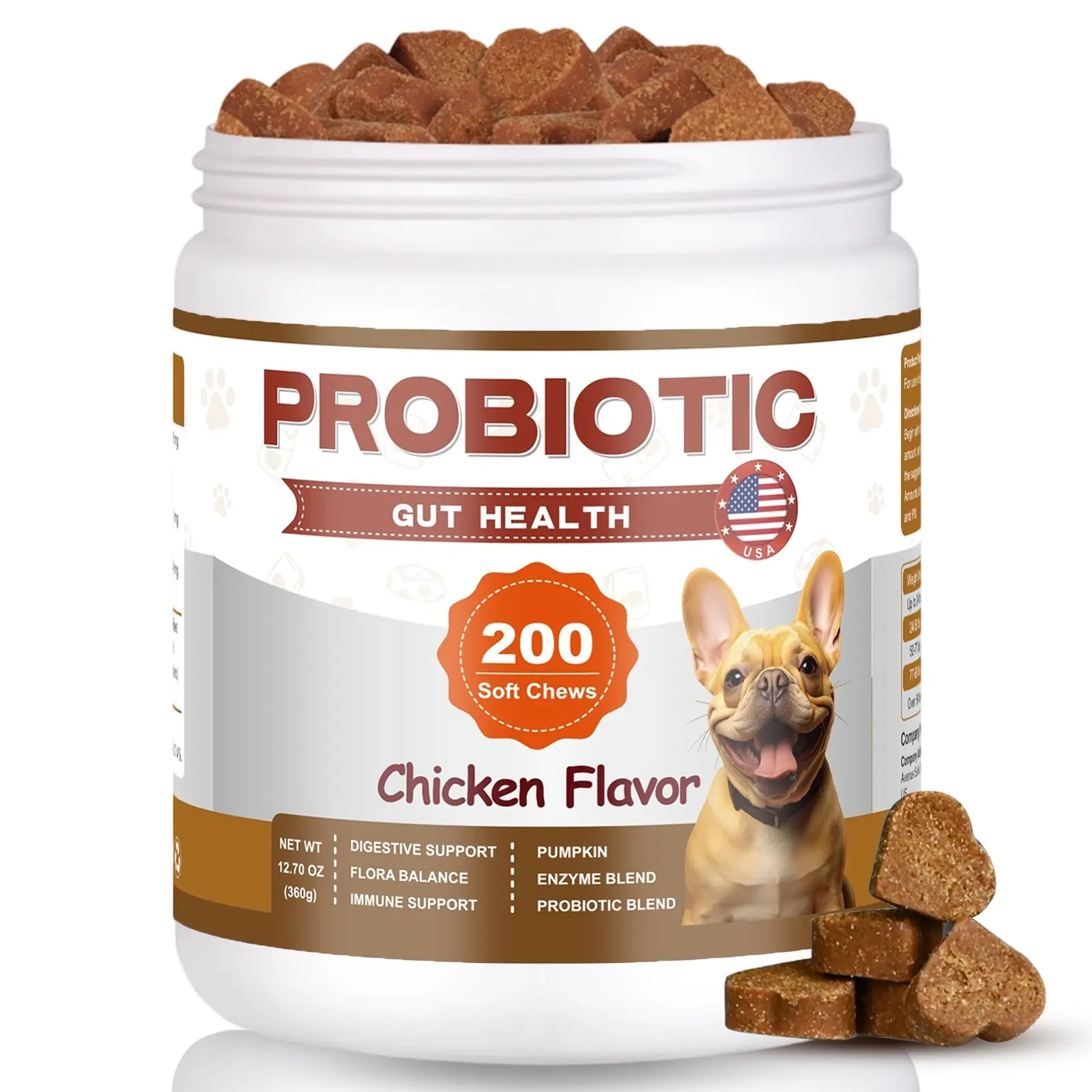 Dog Probiotic Chews, 6.84B CFUs Multi-Strain Probiotics with Pumpkin, Digestive Enzymes & Prebiotics, Supports Gut Health, Digestion & Immune Wellness, Chicken Flavor, 200 Soft Chews