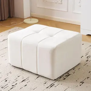 Square Stuffed Pouf Ottoman Chenille Poufs with Foam Chunk Filling 27.9 X 16.1 Floor Poufs for Sofa Accent Foot Rest Stool for Living Room Bedroom Beige