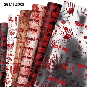 Halloween Party Wrapping Paper Roll Set, Blood Stain Design, Emergency Text, Halloween Gift Wrap, Candy Wrapper, Party Decoration