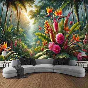 1pc Extra Large Tropical Floral Tapestry Wall Hanging - Jungle Palm Leaves & Hibiscus Flowers in Orange, Pink, Red, Purple, Yellow, Green - PET Film Fabric Decor for Living Room, Bedroom, Wedding, Party Backdrop - Easy Hang No Electricity Needed - USMU1ZN