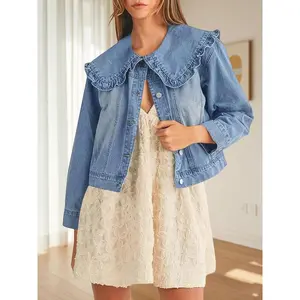 Women's Chic Long Sleeve Denim Jacket - Casual Collar, Loose Fit with Ruffle Detail and Pockets, Black Blend for Spring/Fall