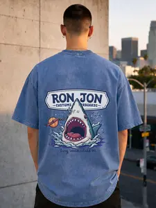 Neutral Ron Jon Surfboard Shark Pattern Washed T-Shirt | 100% High Quality Cotton | Oversized Loose Fit | Retro Beach Surfing Aesthetic | Y2K Casual Streetwear | Fashionable Summer Top | Men's FashionGARMENTARY New graphic t shirt deals wind breaker camo