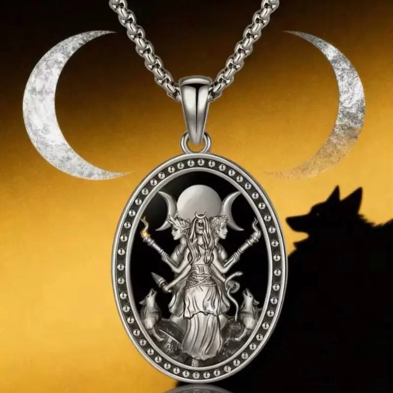 Hecate Goddess Necklace for Women & Men, Elegant Silver Tone Oval Witch Jewelry, Spiritual Faith Amulet as a Meaningful Gift, Accessories For Women, Witchcraft Aesthetic, Exquisite Chain Jewelry, Talisman, Witchy Stuff, Cool Women Gifts