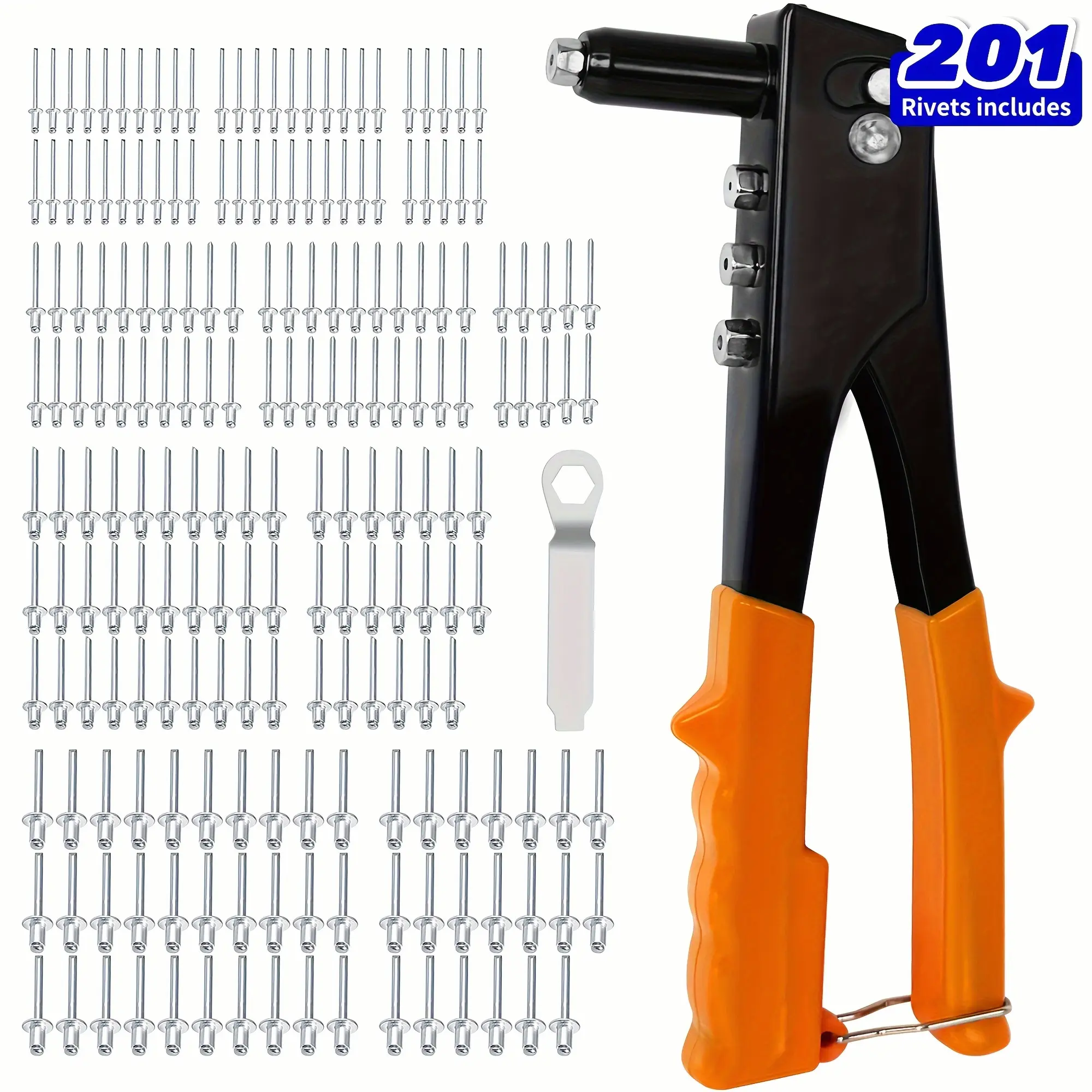 4-in-1 Hand Riveter Gun Kit with 200 Rivets - Heavy-Duty Pop Rivet Tool, 4 Interchangeable Nosepieces & Multi-Size (3/32", 1/8", 5/32", 3/16") for Metal Riveting - Compatible with Automotive,, - Rivet Gun Kit for Metals