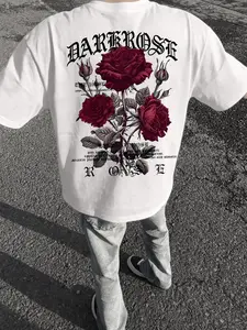 American High Street Dark Rose Print T-Shirt for Men, Summer Oversize Loose Fit Short Sleeve, Trendy Clothing for Casual Occasions
