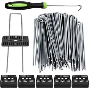 50 count Landscape Staples + 50 count Gasket, 6 Inch Garden Stakes Staples 11 Gauge U Shaped Galvanized Lawn Landscape Pins, Heavy Duty Yard Ground Pin for Weed Barrier Sod Fabric Decorations