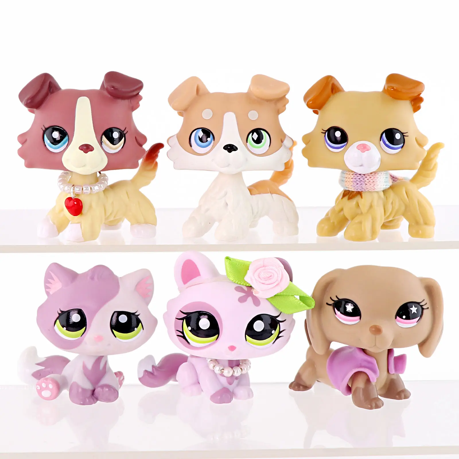 6 Pcs Cute Mini Cartoon Pet Figurines Set, Mixed Collie Puppy & Kitten Dachshund Animal Figures with Dress Up Accessories, Kawaii Collectible Small Animal Toys, Desktop Decor Ornament, Gift for Kids & Collectors