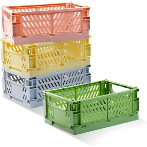 4 Pack Pastel Plastic Folding Storage Crates, Colorful Small Storage Containers Drawer Organizer for Bedroom Office Classroom Bathroom Desktop Decor, 9.8x6.5x3.8inch