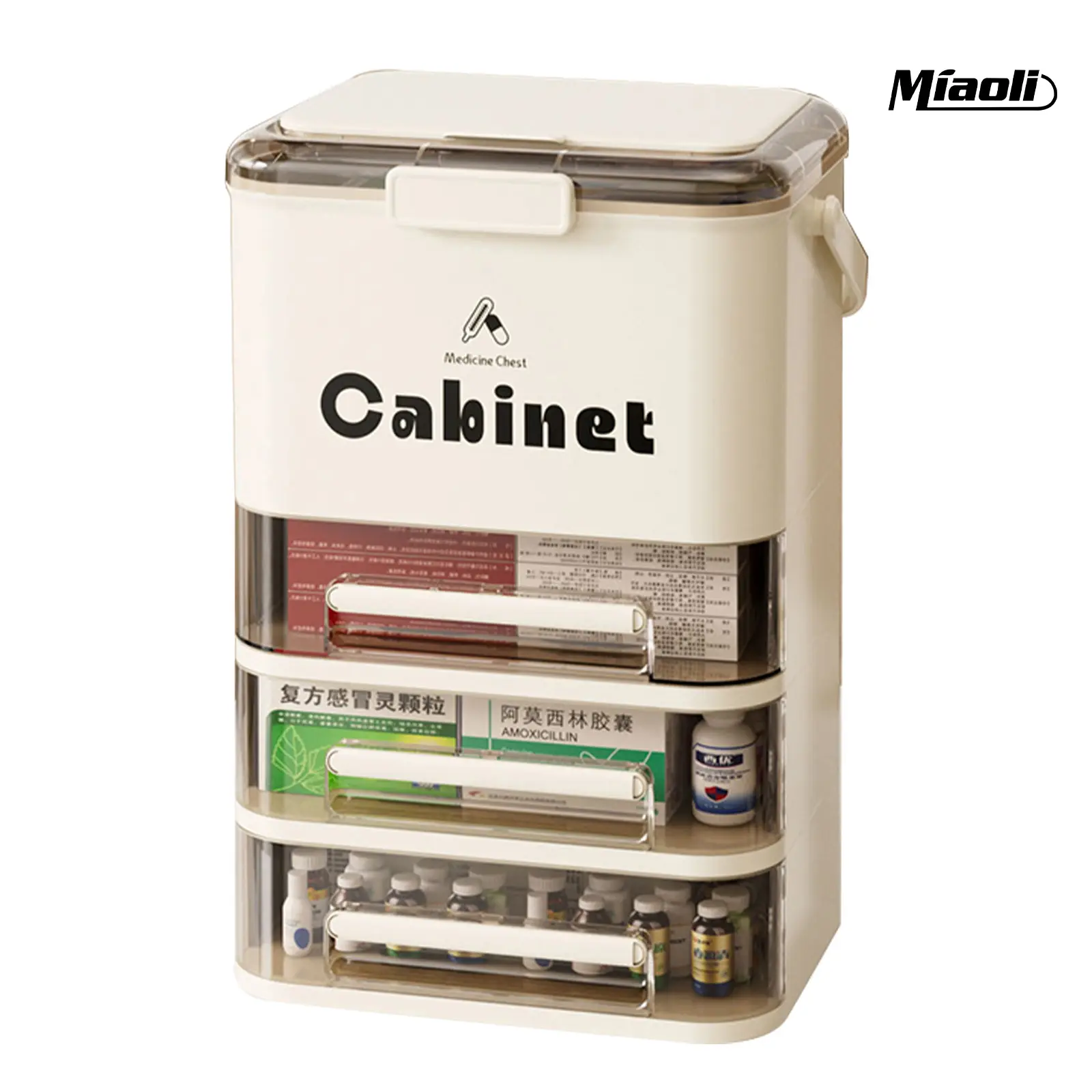 MiAoLi Squareform Lockable 1-3 Tier Drawer Medicine Cabinet - Eco-Friendly Cream White PET Storage Organizer with Key Lock, Large-Capacity Boxes to Tame Clutter, 360-Rotation Transparent Boxes, Portable Handle, Wheels, Eye Care Compatibility for Home Use