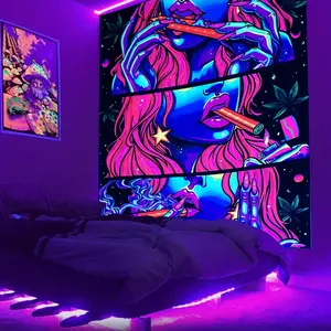 1pc UV Glow Tapestry Suitable for Black Light Reaction Wall Decor - Fluorescent Hanging Cloth with UV Activated Glow Under Black Light, Vertical Hippie Psychedelic Wall Hanging for Bedroom Aesthetic, Peach Skin Fabric for Home Living Room