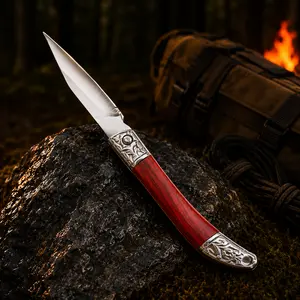 Classic Folding Pocket Knife with Red Wood Handle, Stainless Steel Blade for Camping, Hiking, Fishing & Outdoor Survival
