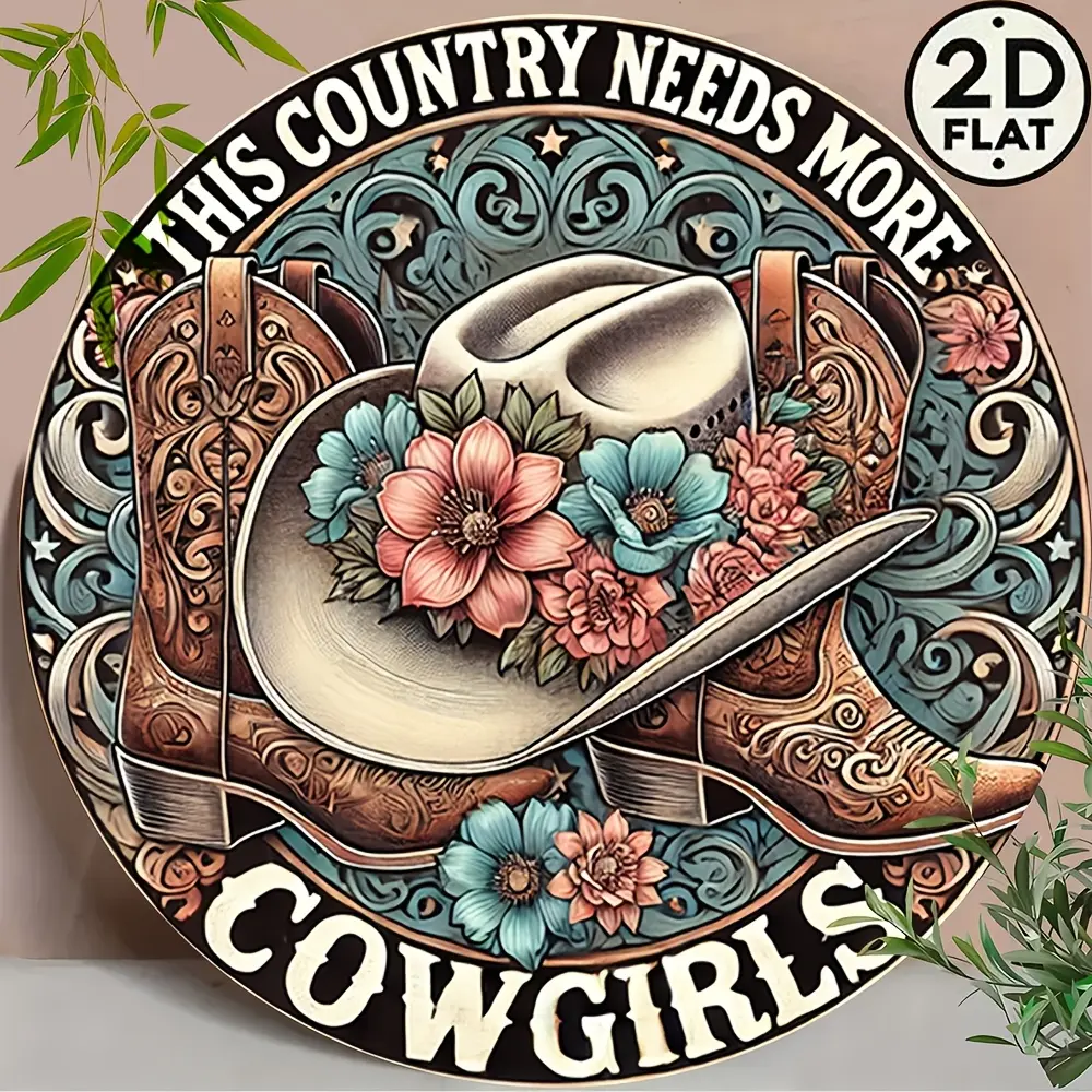 2D Flat, Vintage Western Round Metal Wall Art Sign - "Cowgirls Power & Elegance" 2D Flat Design with Cowboy Hat, Boots & Floral Motifs, Durable Metal Decor for Home, Bar, Cafe, Club - Perfect Gift for New Year's, Valentine's Day, Western Wall Decor