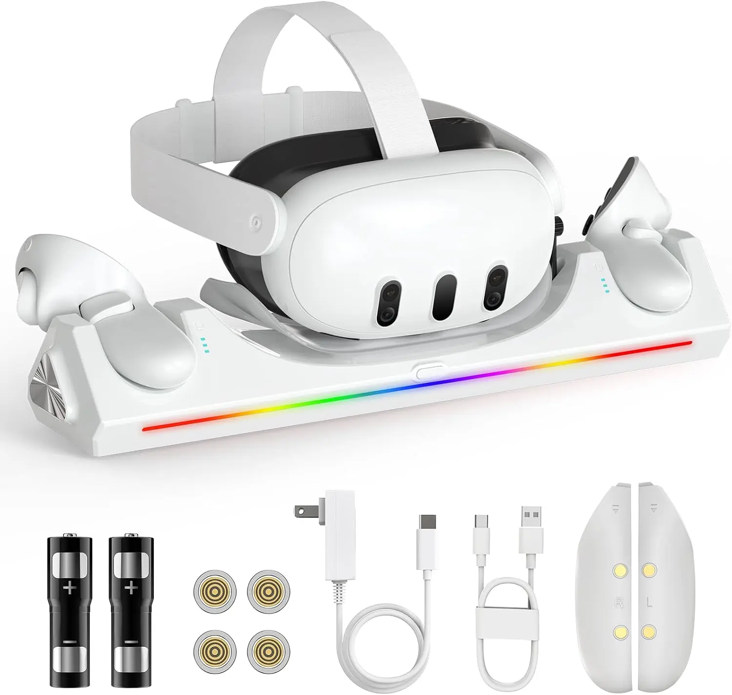 VR Magnetic Charging Dock Compatible with Meta Quest 3S/Quest 3, Charging Station for Headset & Controllers with 2 Rechargeable 2100mAh Batteries, USB-C Charger and LED Indicator