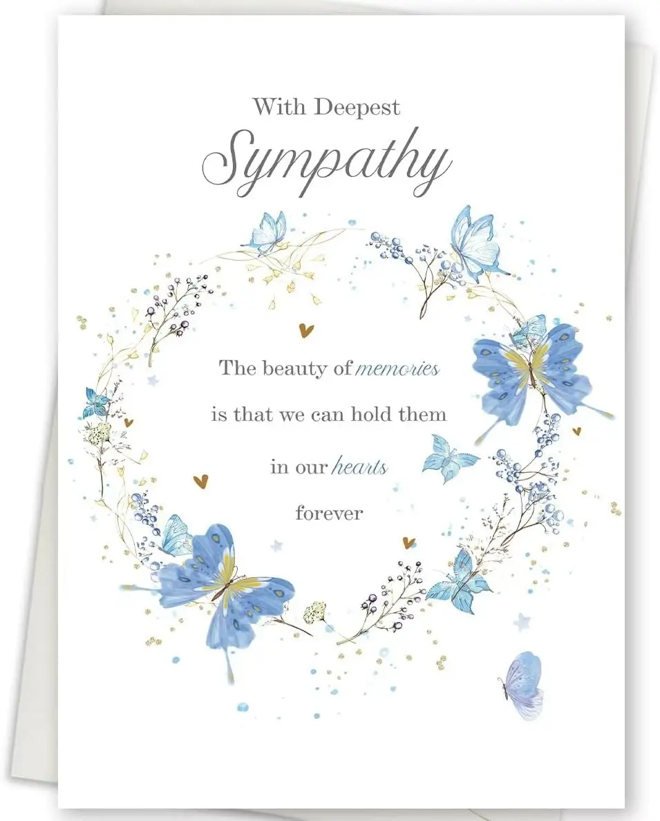 Sympathy Card, Blue Butterfly Condolence Gift for Loss | Elegant Condolence Greeting Card for Loss, Double-Sided 8 x 5.3 Inch with Envelope