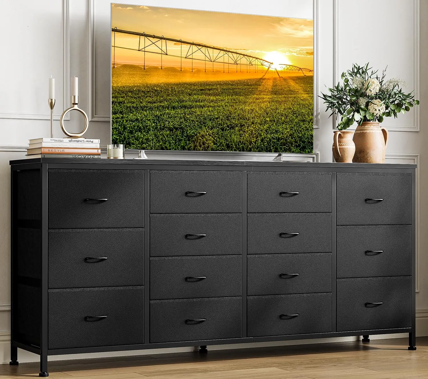 Gaomon 63in Black Fabric 14-Drawer TV Console Cabinet, Lightweight TV Stand with Built-in Outlets, Stable Living Room Furniture, Fits 65/70/75in TVs, Nursery Multimedia Centre