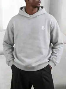 Men's Heavyweight Oversized Hoodie, Light Blue Minimalist Logo Embroidered Sweatshirt, Casual Daily Wear, 5 Colors Available