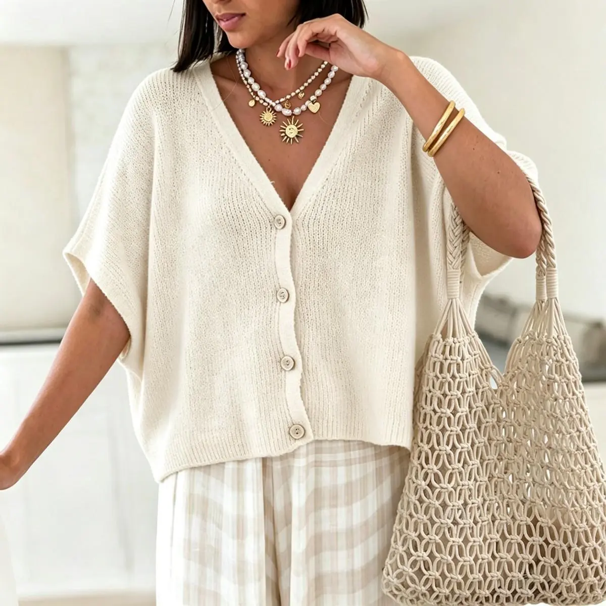 Lunvique Women's Basic Baggy Short-Sleeve Sweater - Oversized V-Neck Button-Up Knitwear, Medium-Length Lightweight Fabric Top for Casual Summer Evening, Beach Outfits