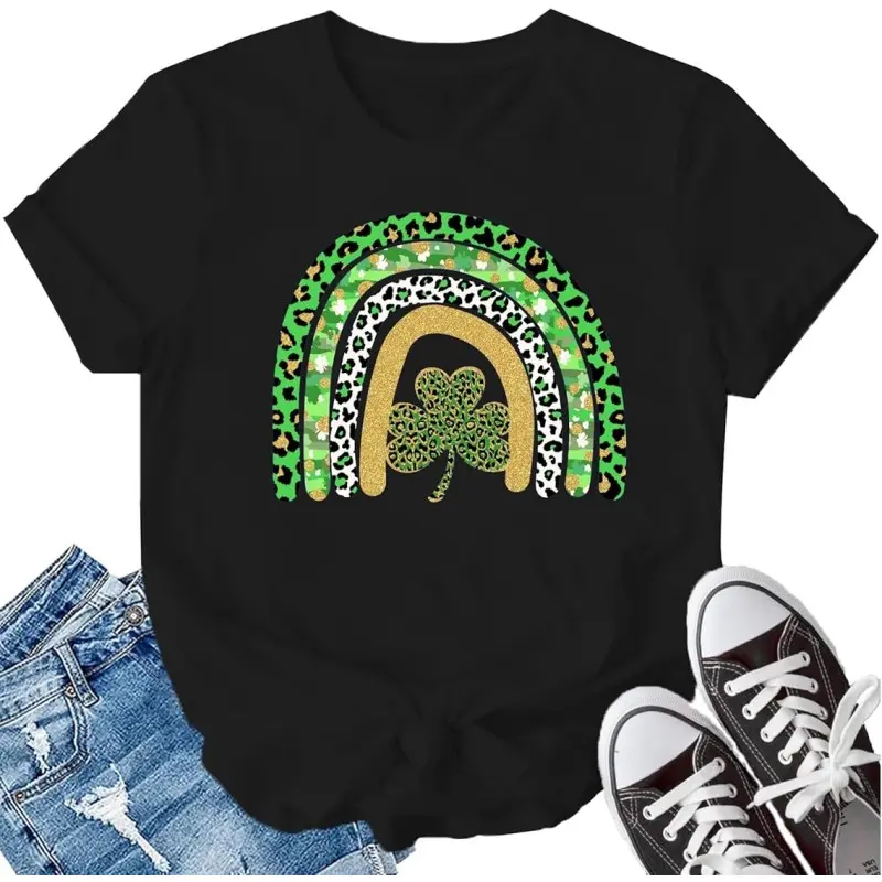 Womens Cotton Short Sleeve Graphic Tee Green Leopard Rainbow And Shamrock Clover St Patricks Day Shirt Soft Casual Spring Summer Top