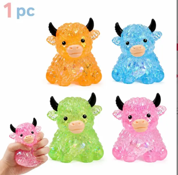 Highland Cow Squishy Squeeze Cube Sensory Fidget  - Soft Squishies Toys, Mini Animal Shape Stress Relief Item, Easter Basket Stuffer Party Favor Gift Idea for Cow Lovers