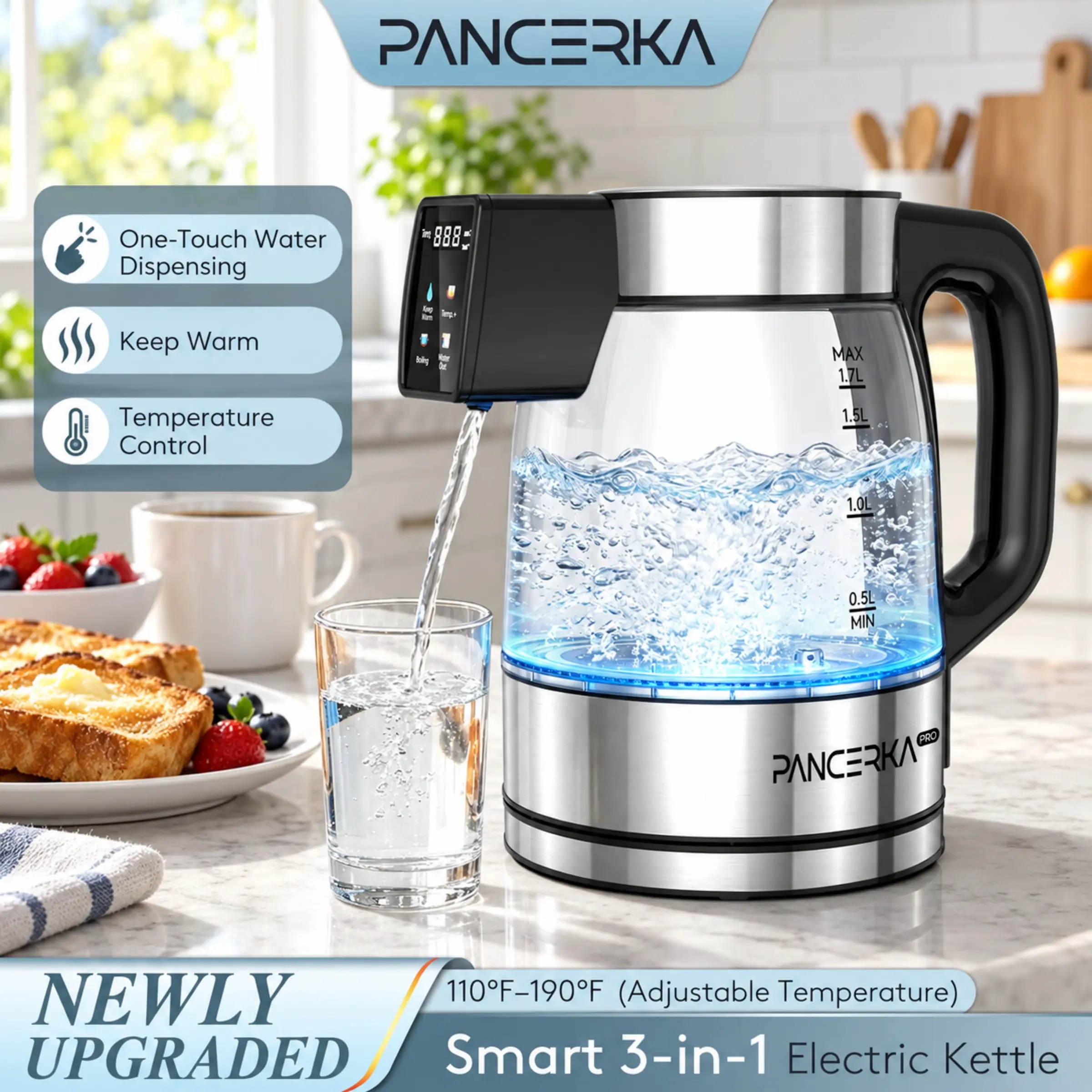 PANCERKA Electric Kettle, One-Touch Water Dispensing, 110-190°F Temperature Control, 9 Temperature Presets, 4h Keep Warm, Touch Screen, Automatic Shut Off, Smart, For Tea, Coffee, 1.7L, 1200W