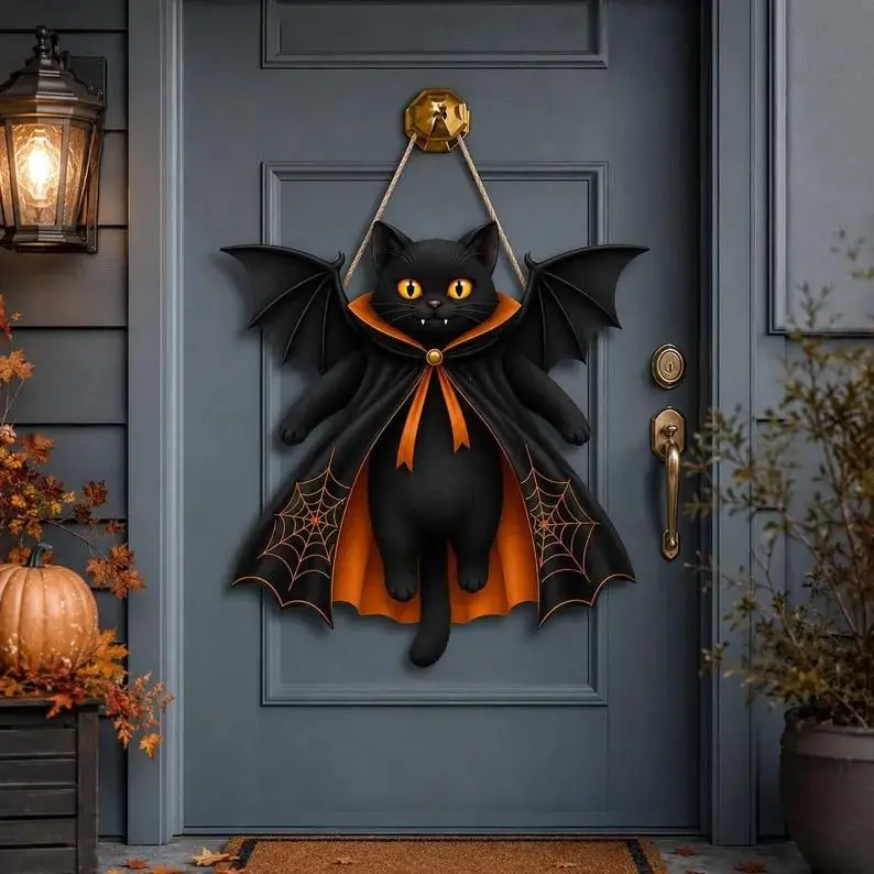 Black Cat Vampire Halloween Wreath, Gothic Bat Cat Door Hanger, Witchy Front Door Sign, Spooky Halloween Decor