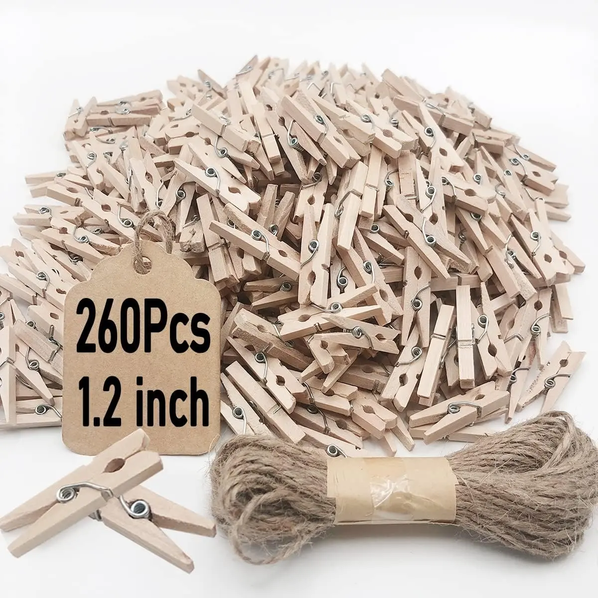 Mini Clothes Pins, 260 count Small Wooden Clothes Pin with Jute Twine, Clothespins, Clothes Pins for Photos Crafts DIY Project