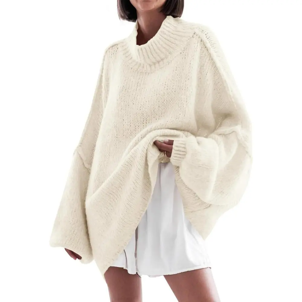 Saodimallsu Lady's Oversized Knitting Clothes - Mock Neck, Batwing Longsleeves, Ribbed Knit, 2025 Fall Trendy Classy Casual Tunic Pullover for Women, Tops, Soft, Sweaters, Chic, Basic, Party, Hand Wash, Drop Shoulder, Batwing Sleeves